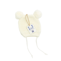 Ponponlu Triko Bebek Beresi Çift Ponponlu %100 Triko (0-18 Ay/Unisex) Ekru